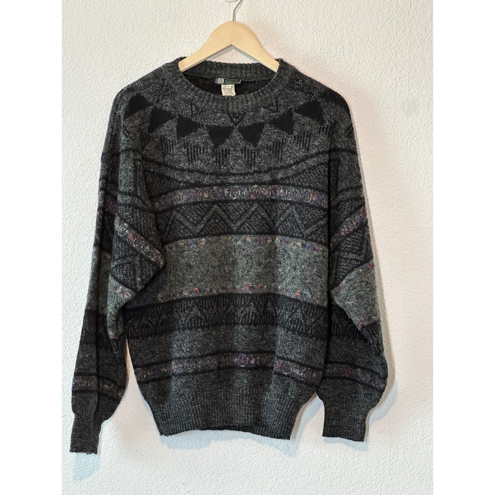 Vintage Boris Made in Italy Grey Black Geometric Wool Blend Sweater Mens Medium